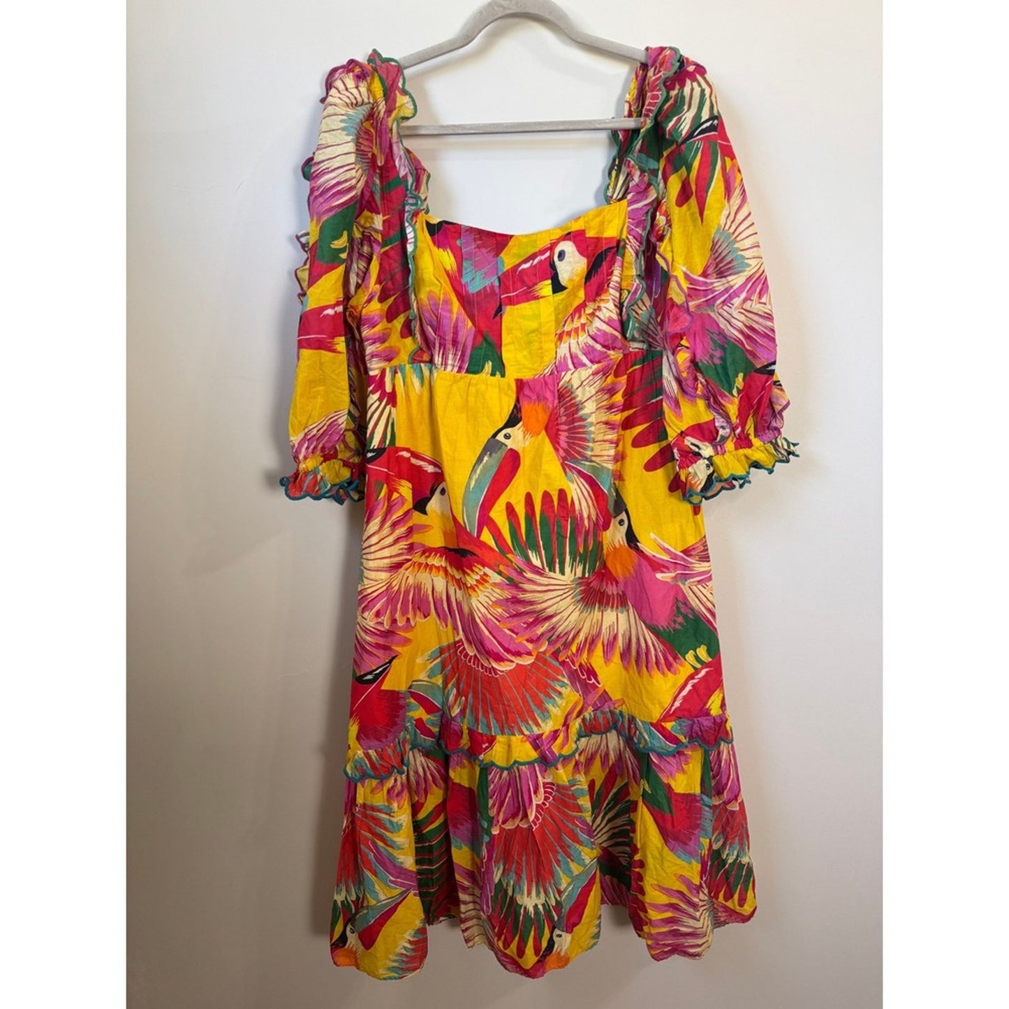 Farm Rio Yellow Tropical Toucan Print Puff Sleeve Ruffle Midi Dress Size L