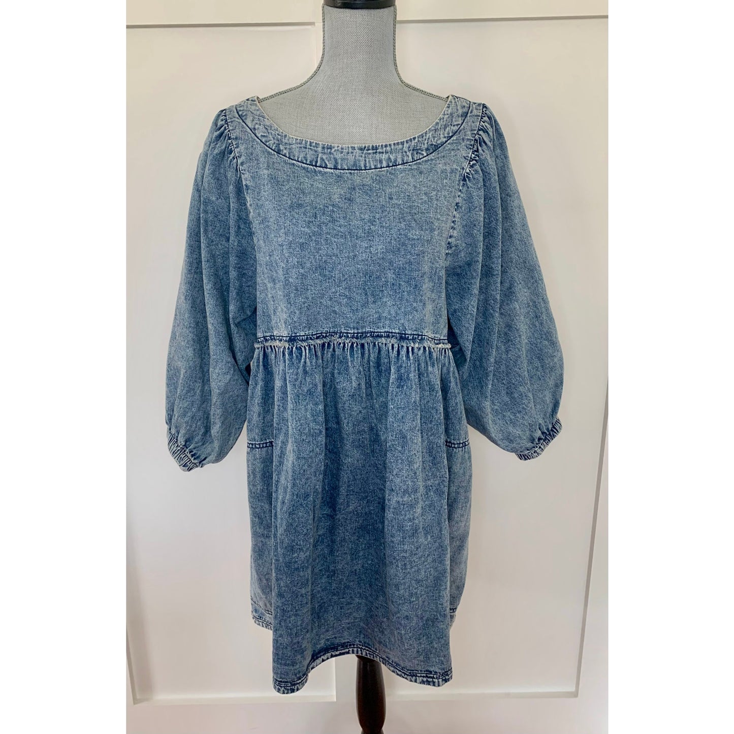 Free People Get Obsessed Denim Baby Doll Dress in Blue Medium 3/4 Sleeve Cotton