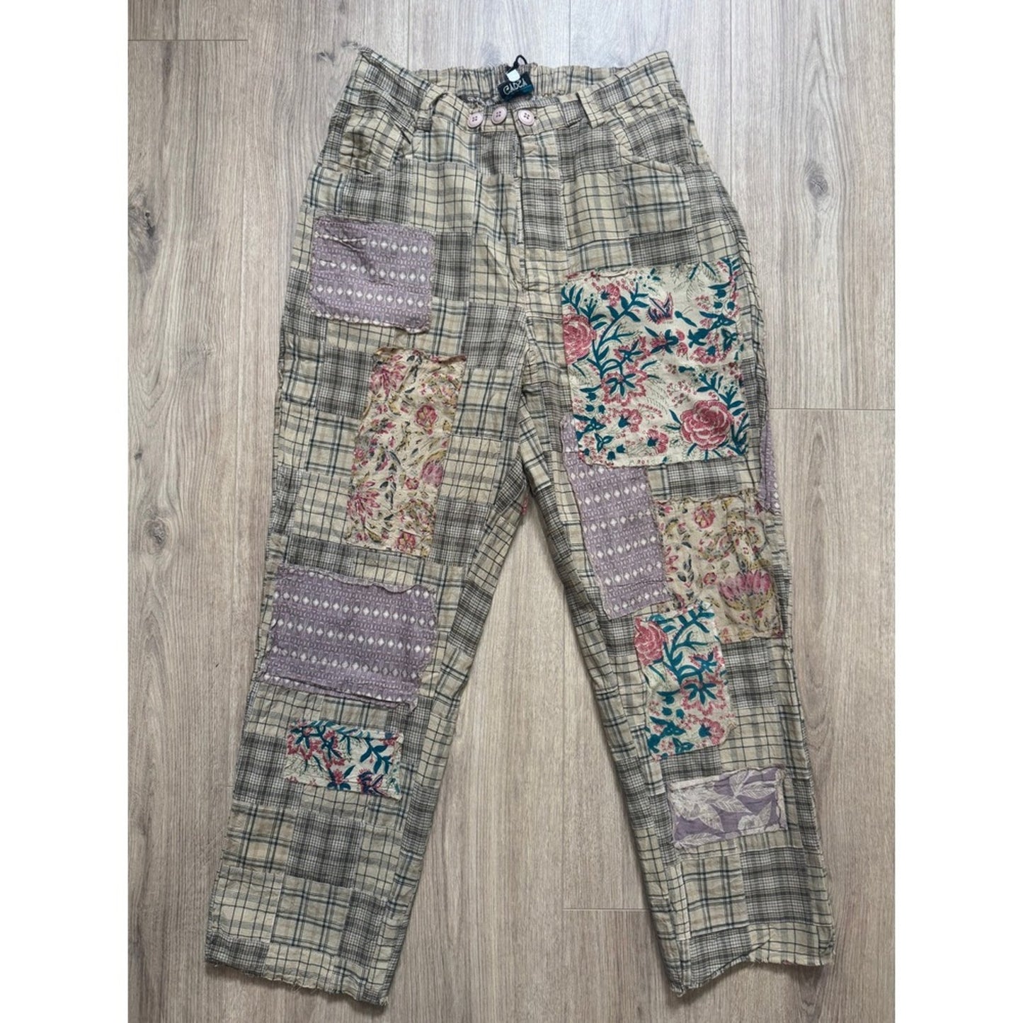 Jaded Gypsy Womens Boho Patchwork Plaid Floral Eyelet Pants Elastic Waist New