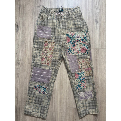 Jaded Gypsy Womens Boho Patchwork Plaid Floral Eyelet Pants Elastic Waist New