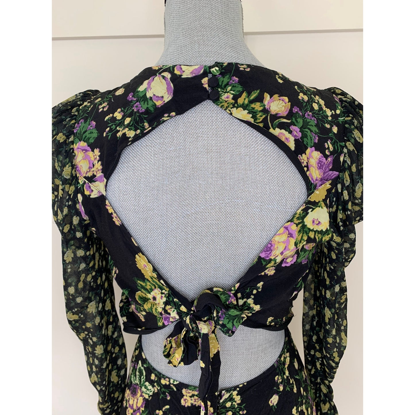 For Love & Lemons Hi-Low Dress in Black Floral Small Long Sleeve Open Tie Back