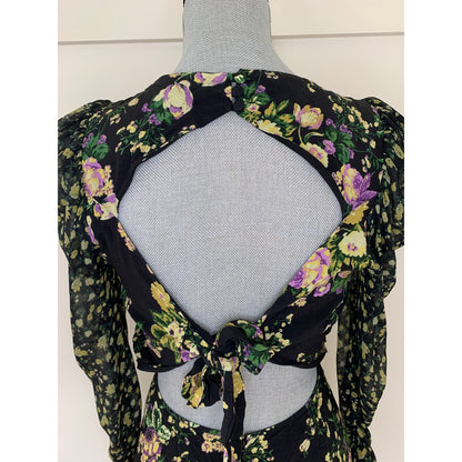 For Love & Lemons Hi-Low Dress in Black Floral Small Long Sleeve Open Tie Back