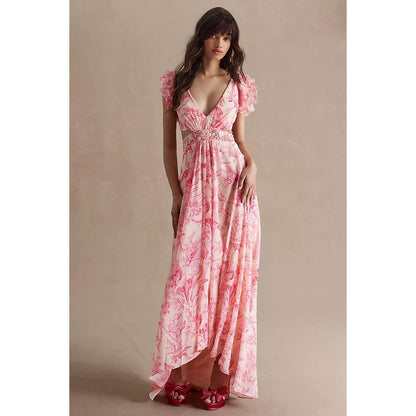 NEW NWT Mac Duggal 9161 Floral Flutter Cap-Sleeve V-Neck Lace-Up Gown Pink Combo Size 8