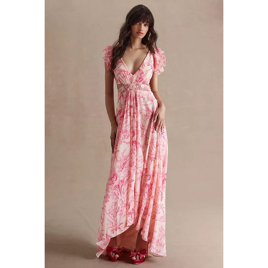 NEW NWT Mac Duggal 9161 Floral Flutter Cap-Sleeve V-Neck Lace-Up Gown Pink Combo Size 8