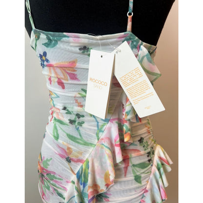 Rococo Sand Susan Halter Mini Dress in White Medium Floral Ruffle Lined Stretch