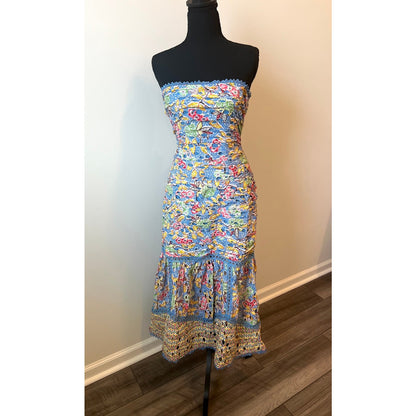 Hemant and Nandita Preet Midi Dress in Blue Medium Floral Eyelet Strapless Lined