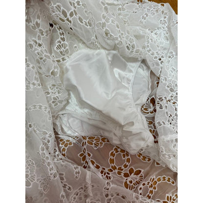 For Love & Lemons Romi Midi‎ Dress in White Small Floral Eyelet Puff Sleeve