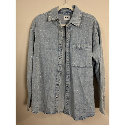 Show Me Your Mumu Rhinestone Denim Shirt Light Wash Crystal Shacket Womens Small