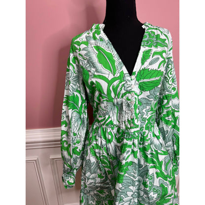 Anthropologie Let Me Be Kelly in Green Floral Tunic Dress Medium Long Sleeve