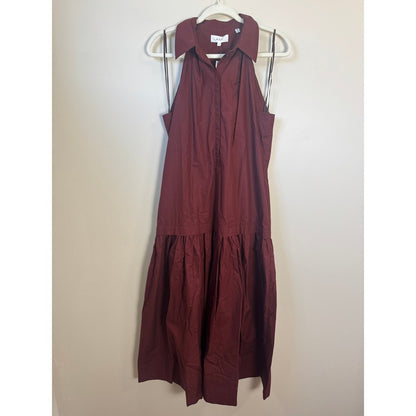ALC Burgundy Cotton Poplin Halter Midi Dress Sleeveless Drop Waist Pocket Red M