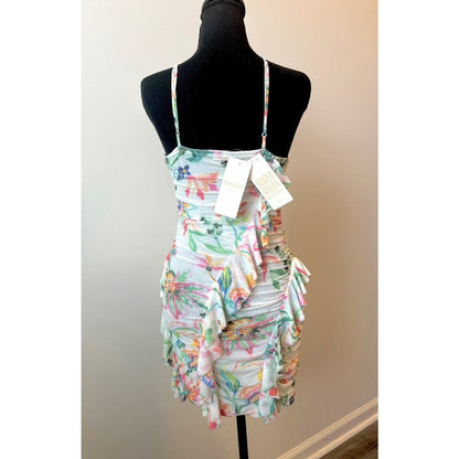 Rococo Sand Susan Halter‎ Mini Dress in White Medium Floral Ruffle Lined Stretch