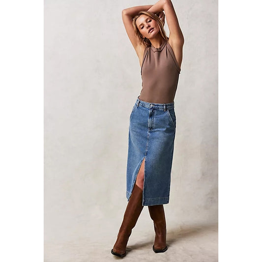 We The Free Free People Wild Rose Denim Midi Skirt Size 29