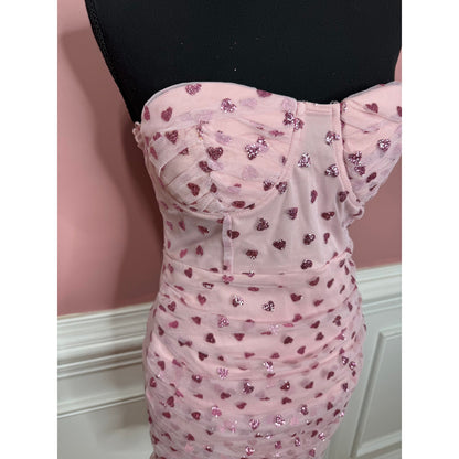 Superdown Fifi Mesh Mini Dress in Pink Hearts Glitter Size Small Zip Back Lined