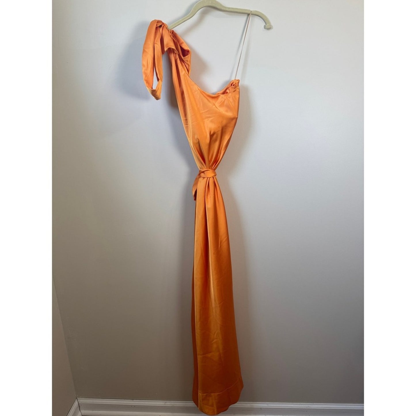 Orange Satin One Shoulder Maxi Dress Bow Detail Formal Gown Sleeveless Orange