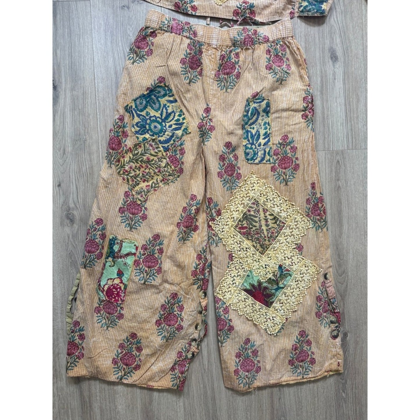 A Rare Bird Floral Patchwork Jacket and Wide Leg Pants Set Bohemian Peach