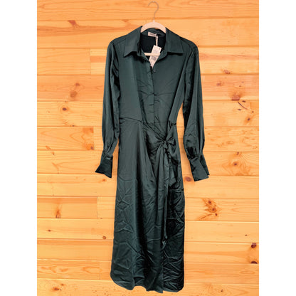 SIMKHAI Jonathon Simkhai Samba Wrap-effect Satin Midi Shirt Dress in Emerald Size 2