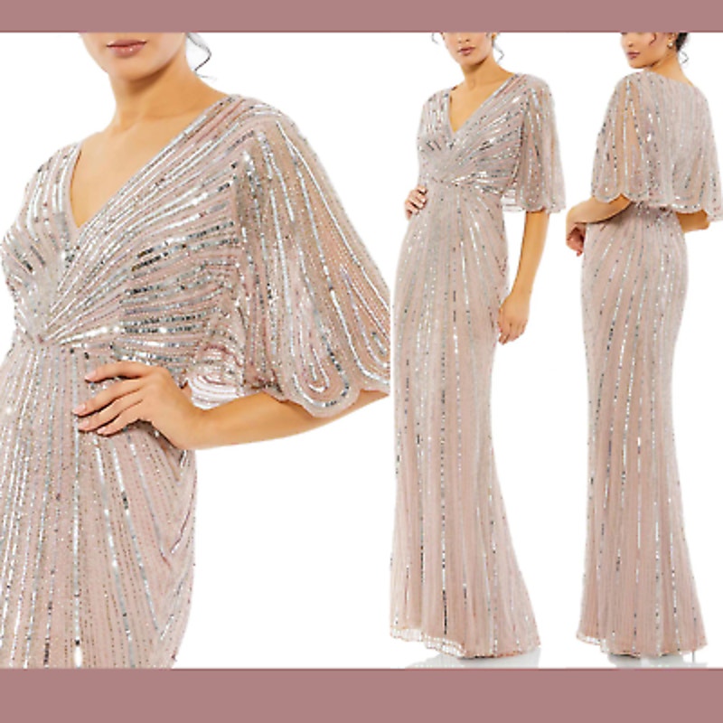 Mac Duggal Pink Sequined V Neck Cape Sleeve Gown Size 4 Style 93583
