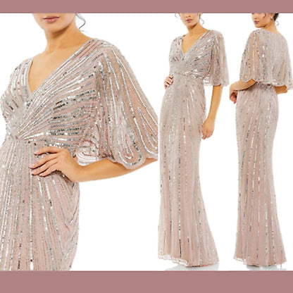Mac Duggal Pink Sequined V Neck Cape Sleeve Gown Size 4 Style 93583
