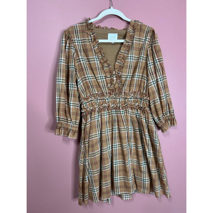 We Are Sundays Maisie Mini Dress in Tannin Plaid Large 3/4 Sleeve V-Neck Ruffle