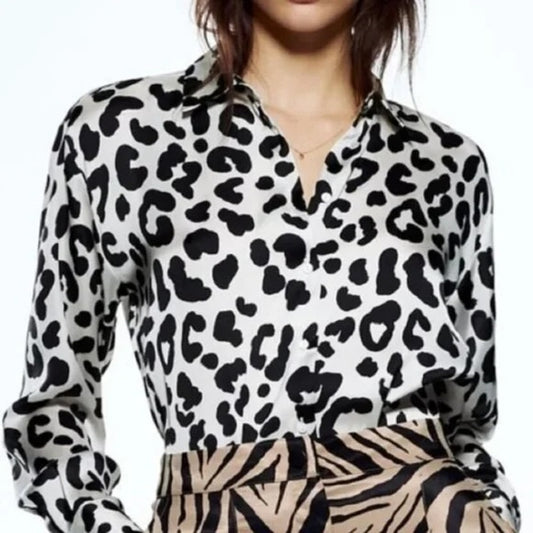 Zara Satin Effect Cheetah Print Button Down  Blouse in Black and White Size Medium