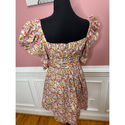 For Love & Lemons Libby Mini Dress in Orange Floral‎ Small Short Sleeve Lined