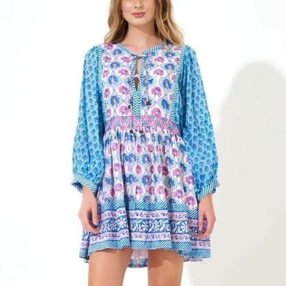 Oliphant Tie Front Balloon Mini Dress Iris Blue Medium Floral Print Long Sleeve