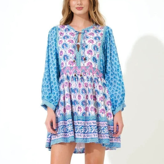 Oliphant Tie Front Balloon Mini Dress Iris Blue Medium Floral Print Long Sleeve