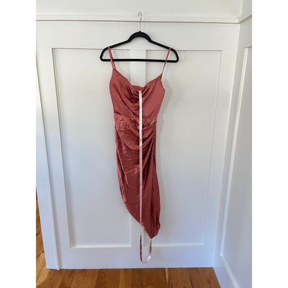 House of CB Reva Satin Cowl Neck Ruched Midi Dress Rose Gold XS