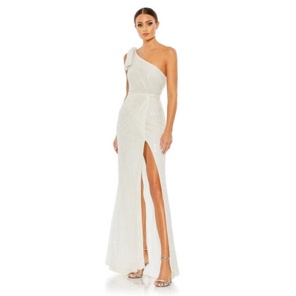 Mac Duggal Pearl Embellished Soft‎ Tie One Shoulder Dress in White Size 6 Lined