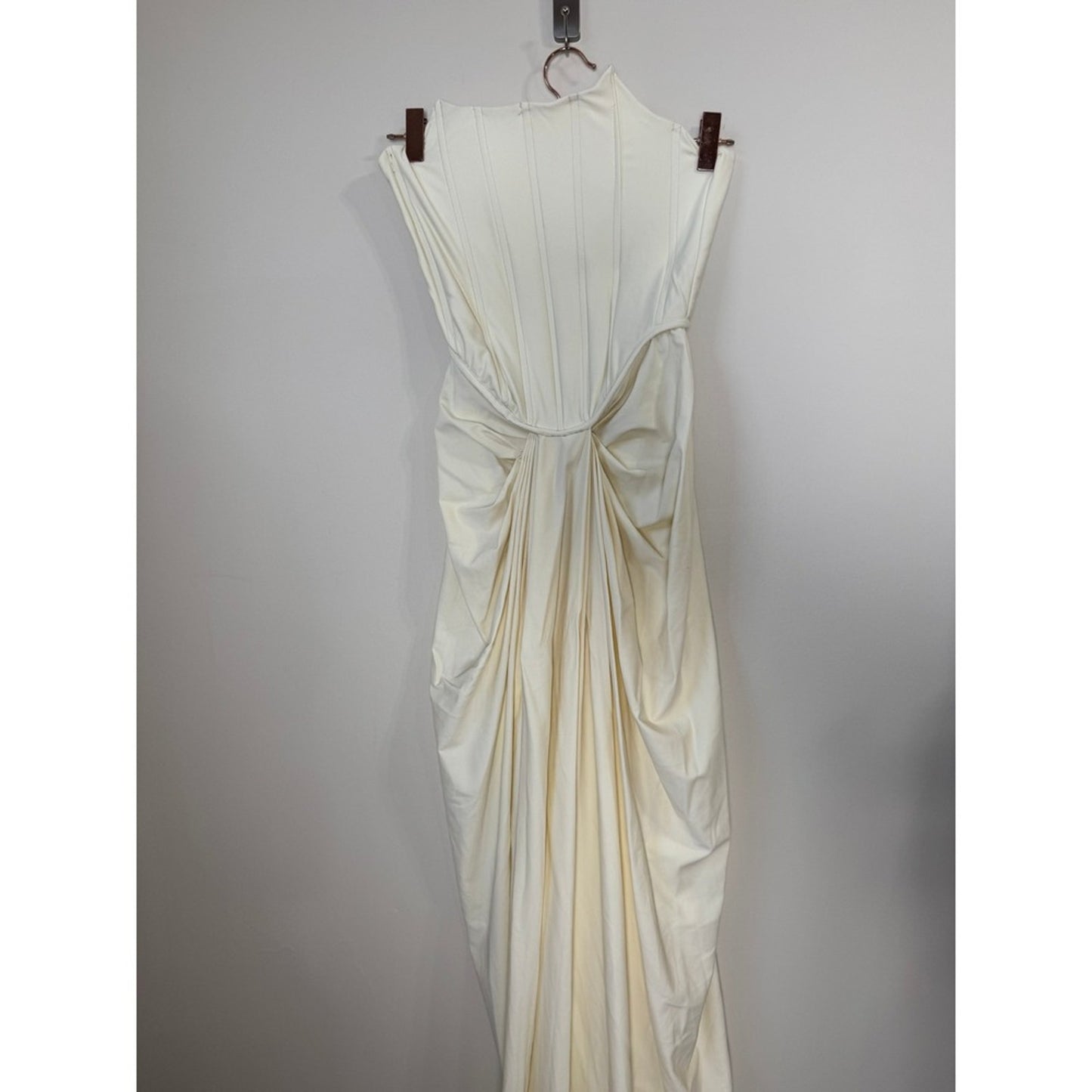 Cream Ruched Draped Strapless Gown Elegant Evening Formal Dress