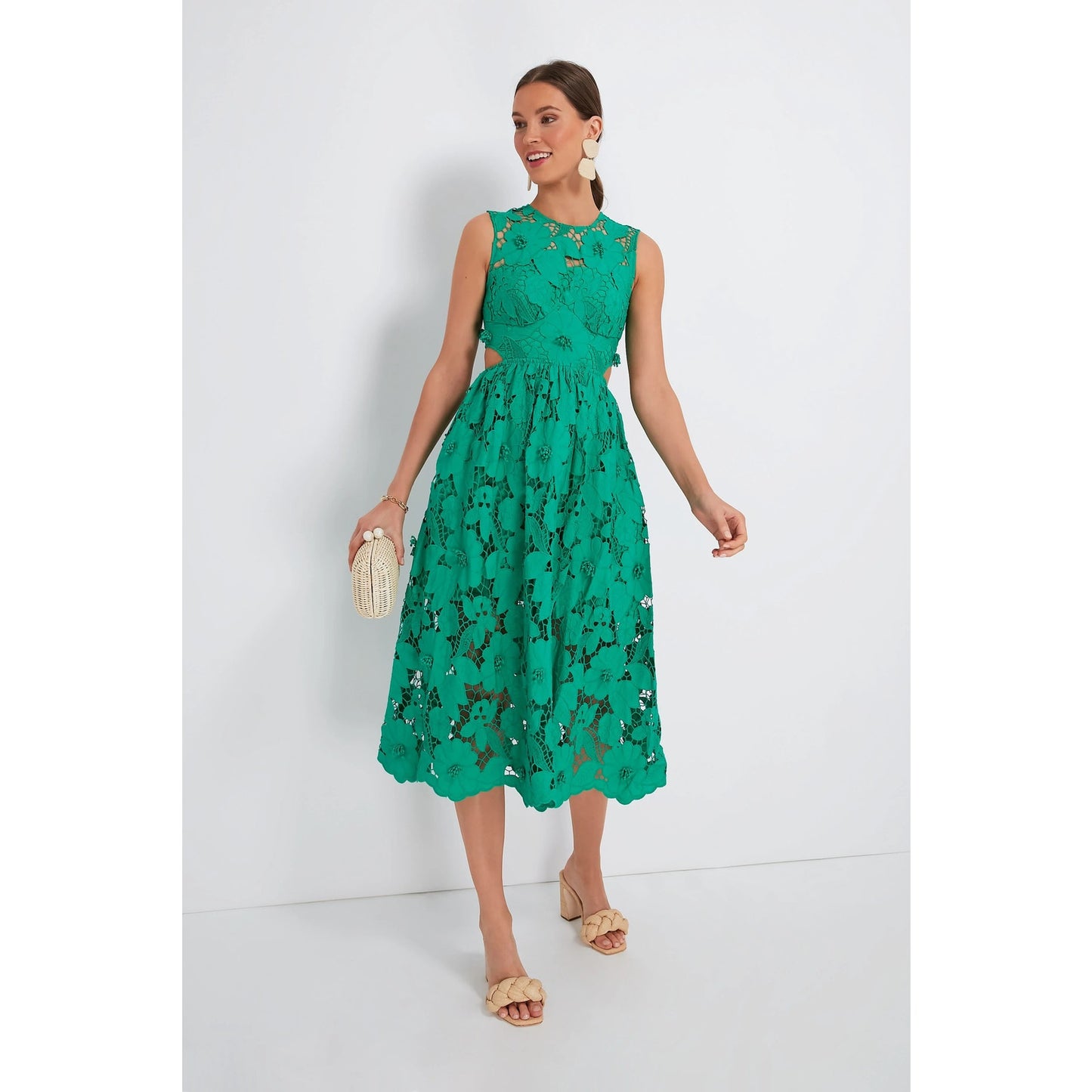 Self Portrait 3D Cotton Lace Midi Dress Green Size 2