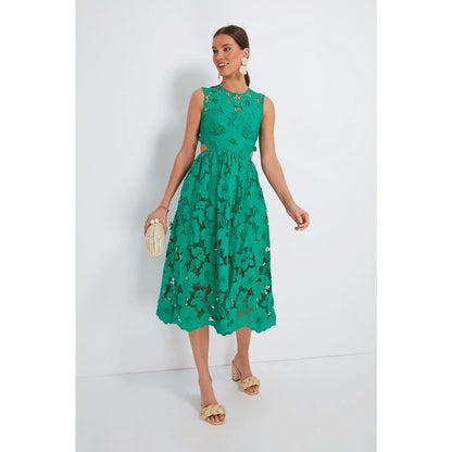 Self Portrait 3D Cotton Lace Midi Dress Green Size 2