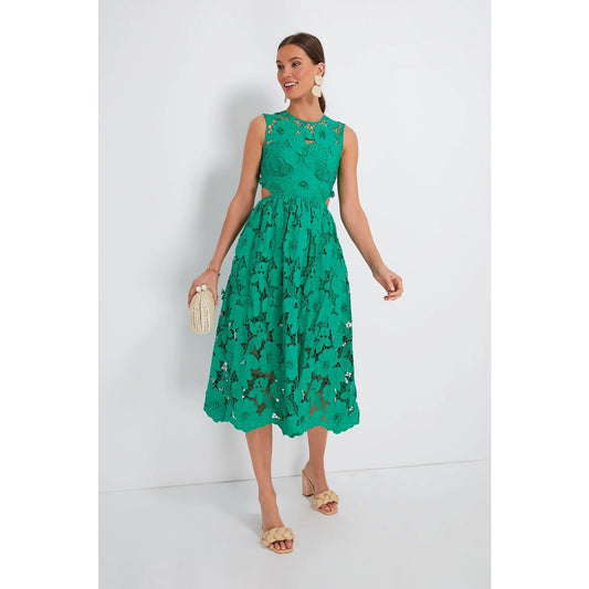Self Portrait 3D Cotton Lace Midi Dress Green Size 2