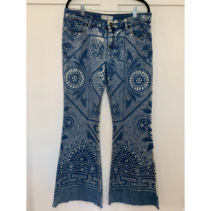 Free People Flare Bali Discharge Print Boho Bell Blue Size 31 Zip Fly Fringe