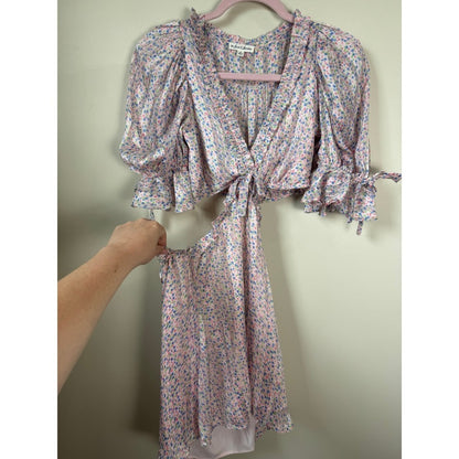 For Love & Lemons Pink Floral Cutout Mini Dress Puff Sleeve Metallic Pleat Small