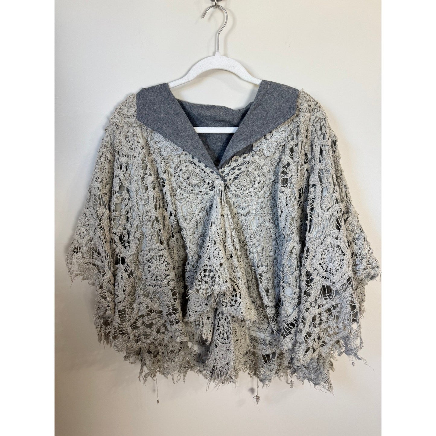 Jaded Gypsy Laced in Love Boho Crochet Poncho Gray Shawl Wrap Kimono Layering
