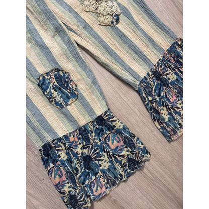 Jaded Gypsy Striped Patchwork Lace Ruffle Wide Leg Pants Blue Cream Boho