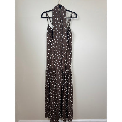 Show Me Your Mumu Brown Polka Dot Maxi Dress with Scarf XS Drop Waist Tiered