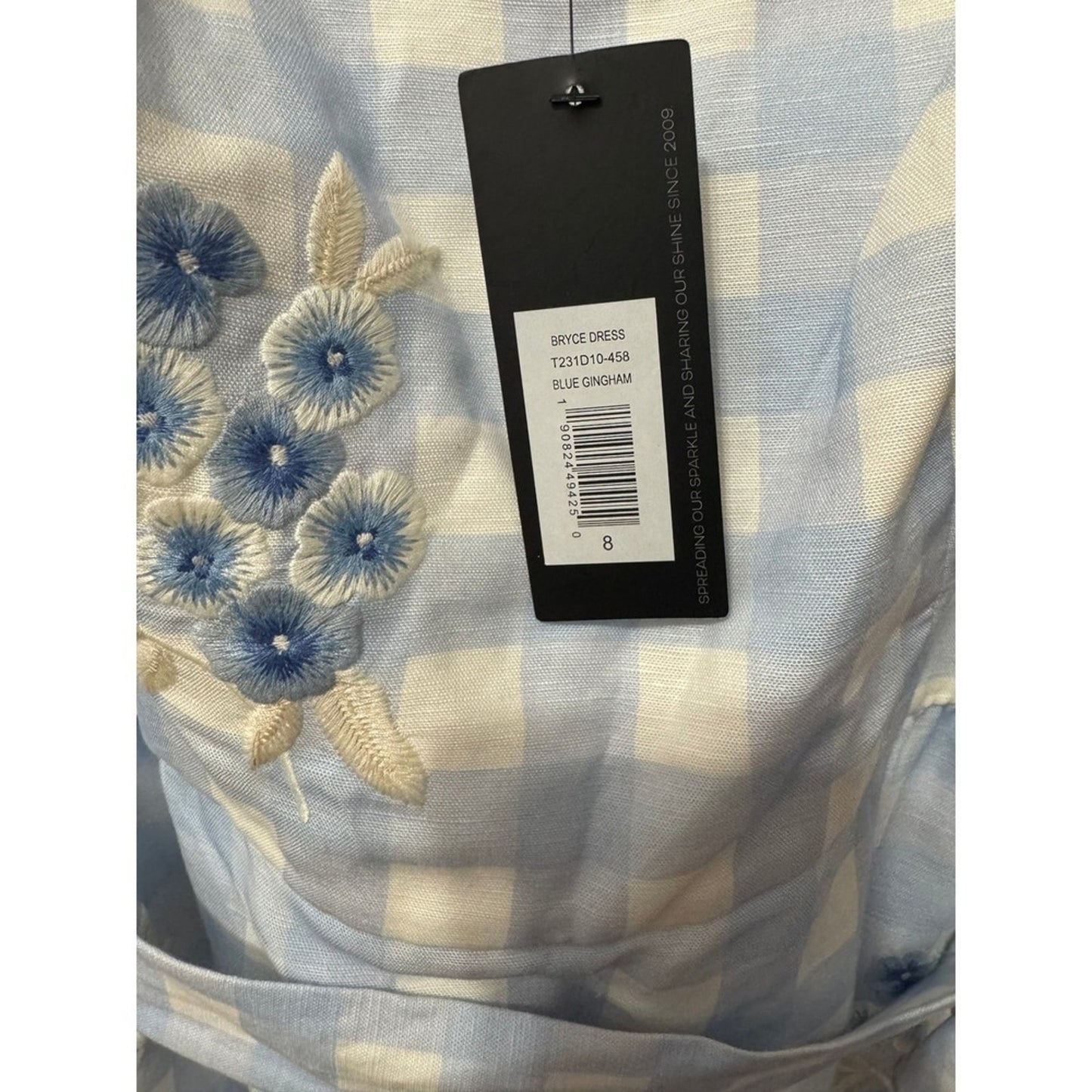 Sachin & Babi Bryce Blue Gingham Floral Embroidered Belted Midi Dress Size 8 NEW