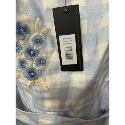Sachin & Babi Bryce Blue Gingham Floral Embroidered Belted Midi Dress Size 8 NEW