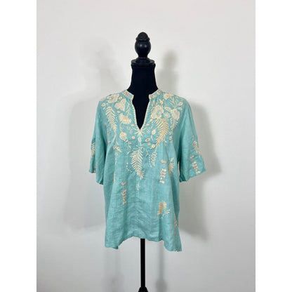 Johnny Was Sidra Top in Marine Blue Small V-Neck Embroidered Floral Linen‎ Boho