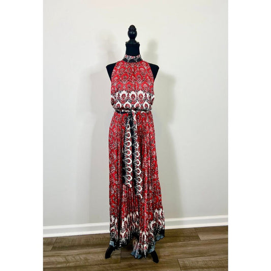 Alice + Olivia Mertie Maxi Dress Allure Medallion Size‎ 8 Mockneck Pleated Boho