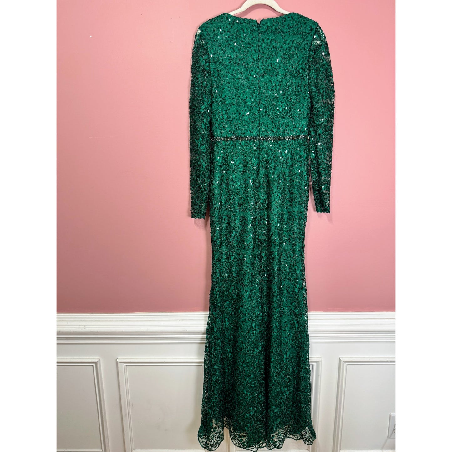 NEW NWT Mac Duggal Embellished Wrap Over Long Sleeve Gown Green Style 68016 Size 6