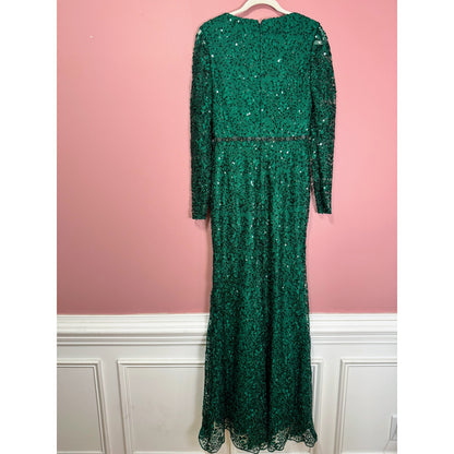 NEW NWT Mac Duggal Embellished Wrap Over Long Sleeve Gown Green Style 68016 Size 6