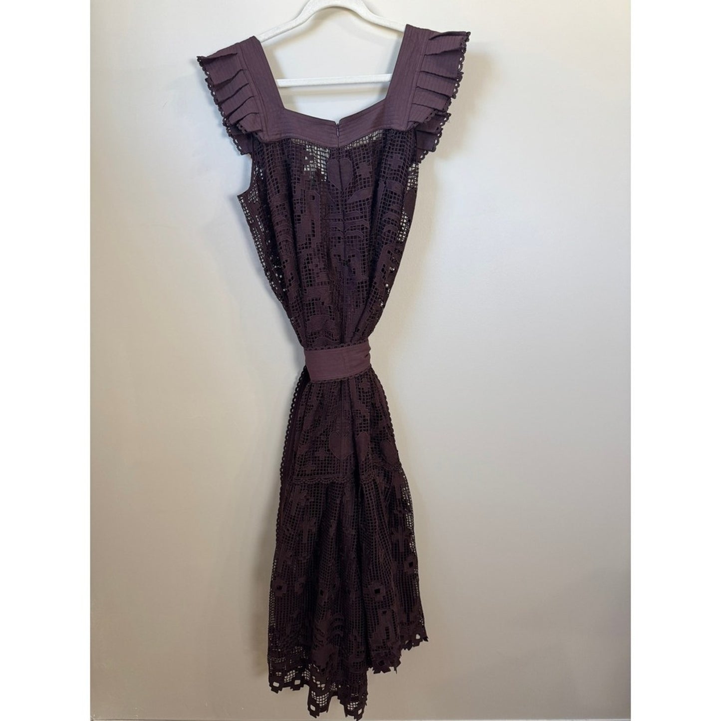 Farm Rio Chocolate Brown Lace Crochet Ruffle Midi Dress Square Neck Belted Boho