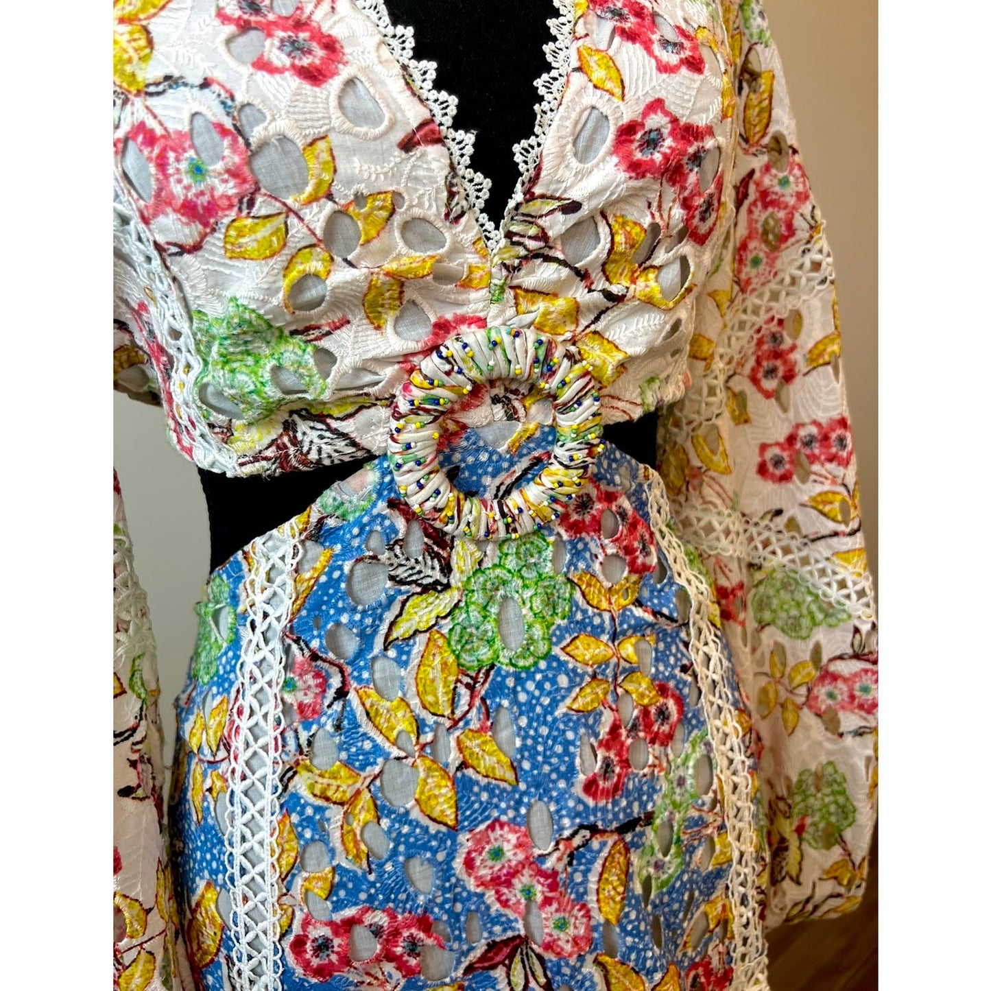 Hemant and Nandita Blue Printed Preet Mini Dress Large Floral Cut-Out Lined