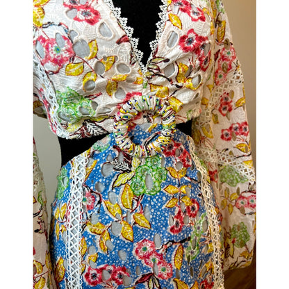 Hemant and Nandita Blue Printed Preet Mini Dress Large Floral Cut-Out Lined