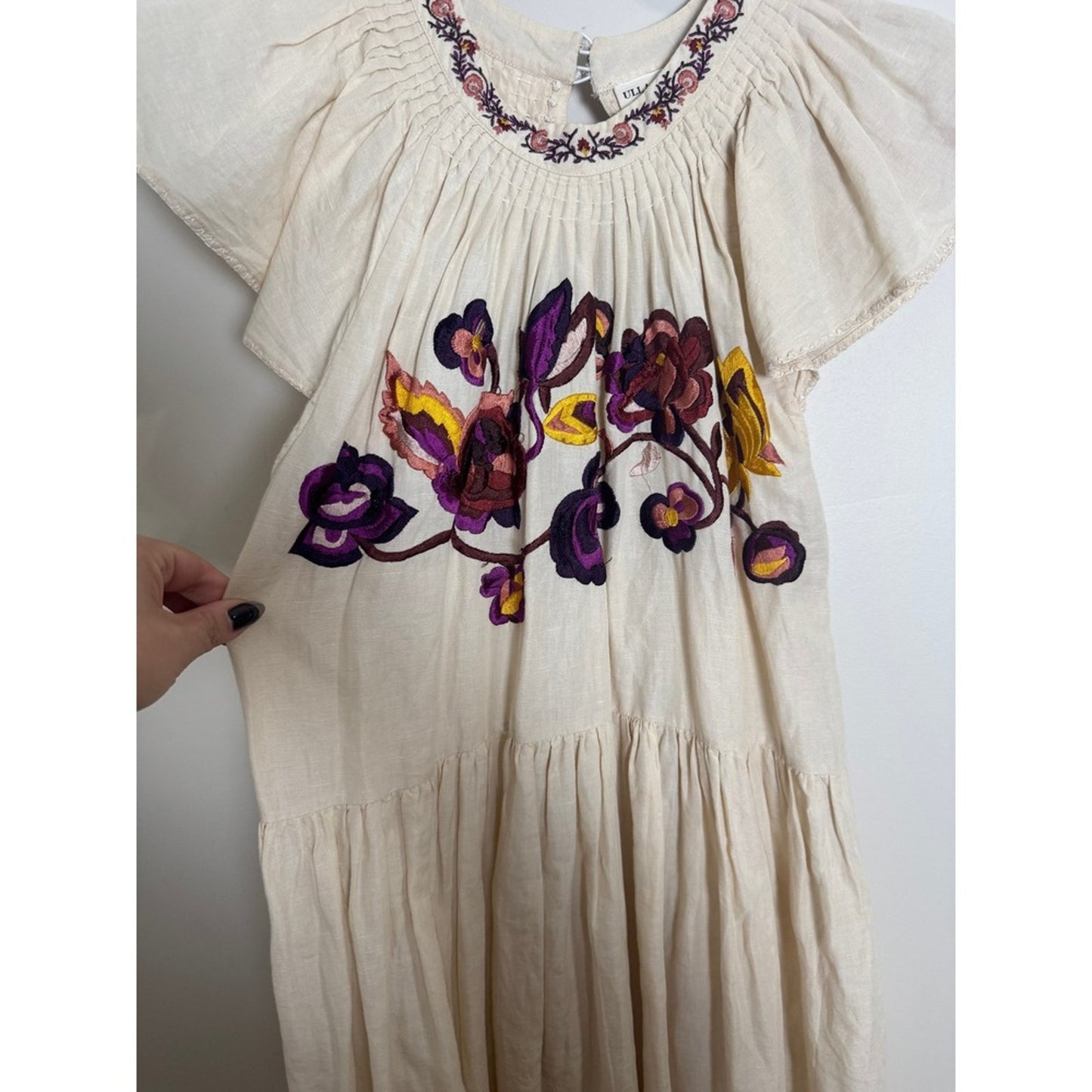 Ulla Johnson Embroidered Tiered Midi Dress Ruffled Neckline Flutter Sleeve