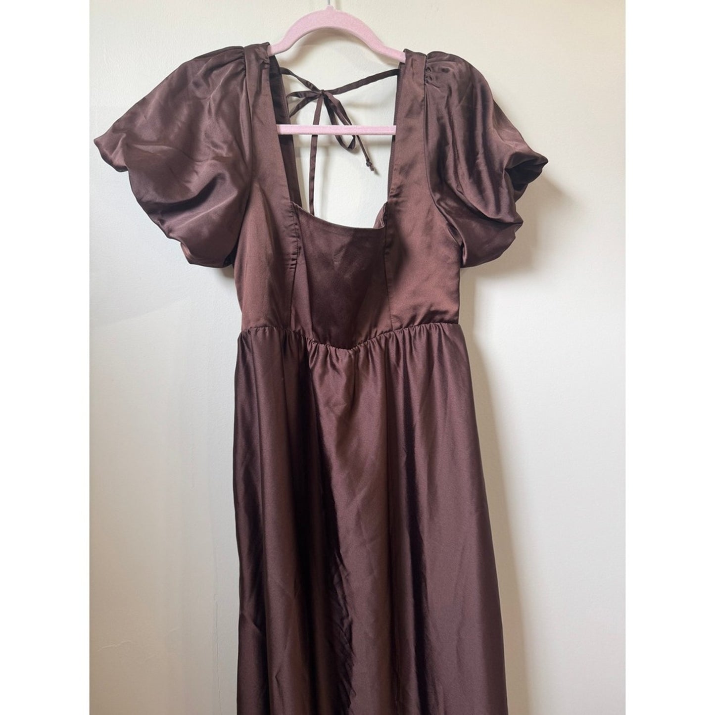 Show Me Your Mumu Brown Satin Puff Sleeve Maxi Dress Smocked Back Size Large