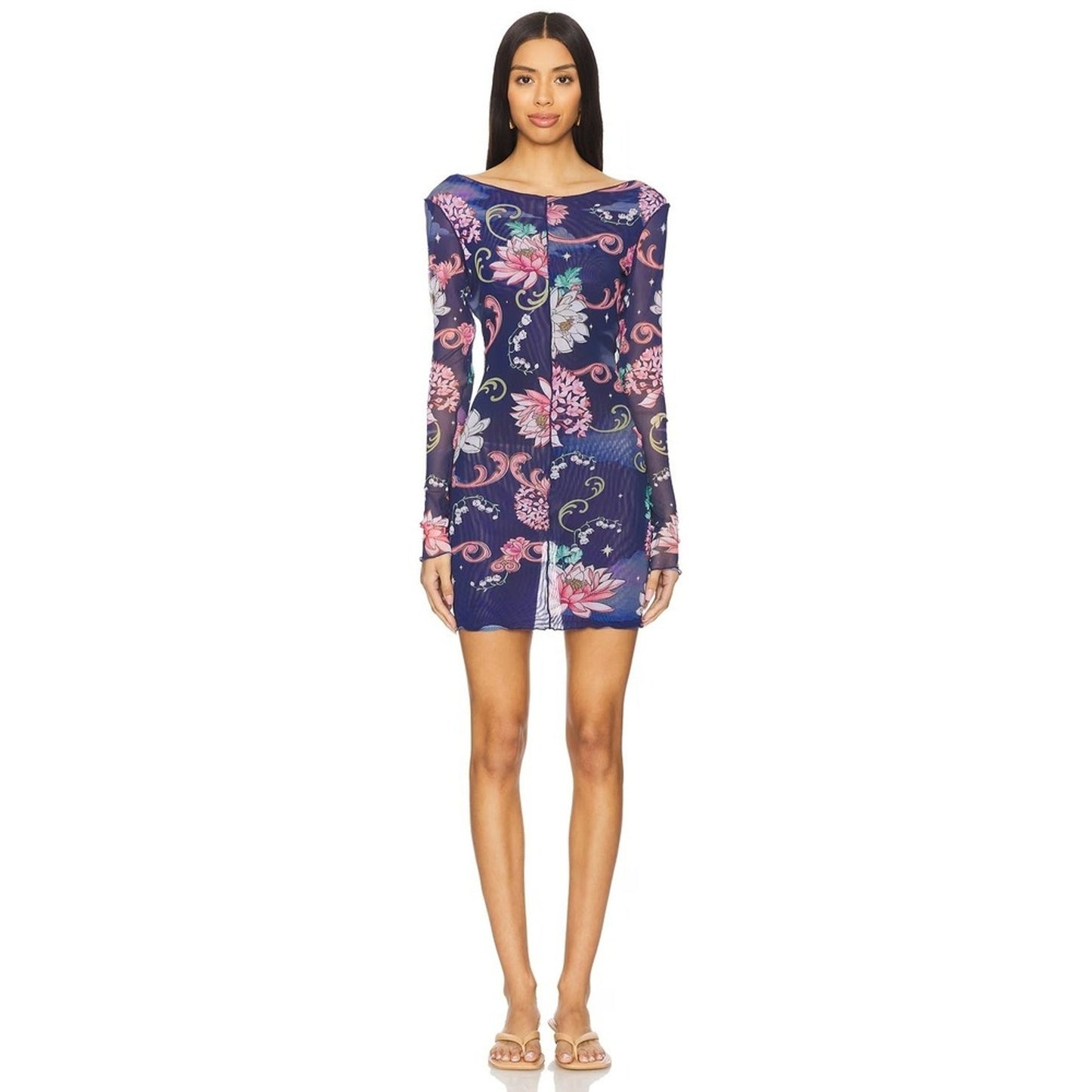 Agua Bendita Hadley Fairytales Mesh Mini Dress Navy Floral Long Sleeve L